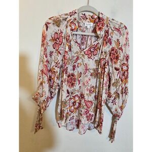 Nicole Miller New York Floral Balloon Sleeve Blouse Tie Cuff Boho Top Small